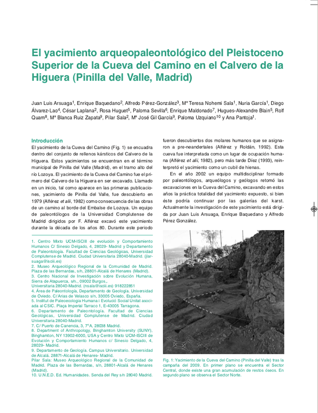 El Yacimiento Arqueopaleontológico del Pleistoceno Superior en la Cueva del Camino en el Calvero de la Higuera (Pinilla del Valle, Madrid).