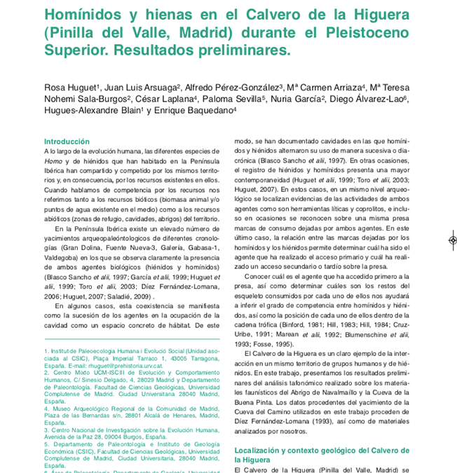 Homínidos y hienas en el Calvero de la Higuera (Pinilla del Valle, Madrid) durante el Pleistoceno superior. Resultados preliminares.