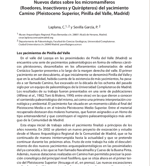 Nuevos datos sobre los micromamíferos (Roedores, Insectívoros y Quirópteros) del yacimiento Camino (Pleistoceno Superior, Pinilla del Valle, Madrid)