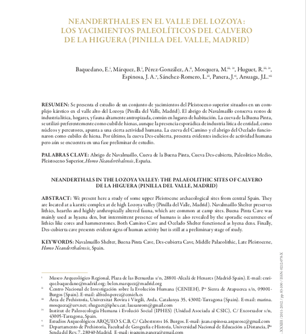 Neanderthales en el Valle del Lozoya: Los yacimientos paleolíticos del Calvero de la Higuera (Pinilla del Valle, Madrid)
