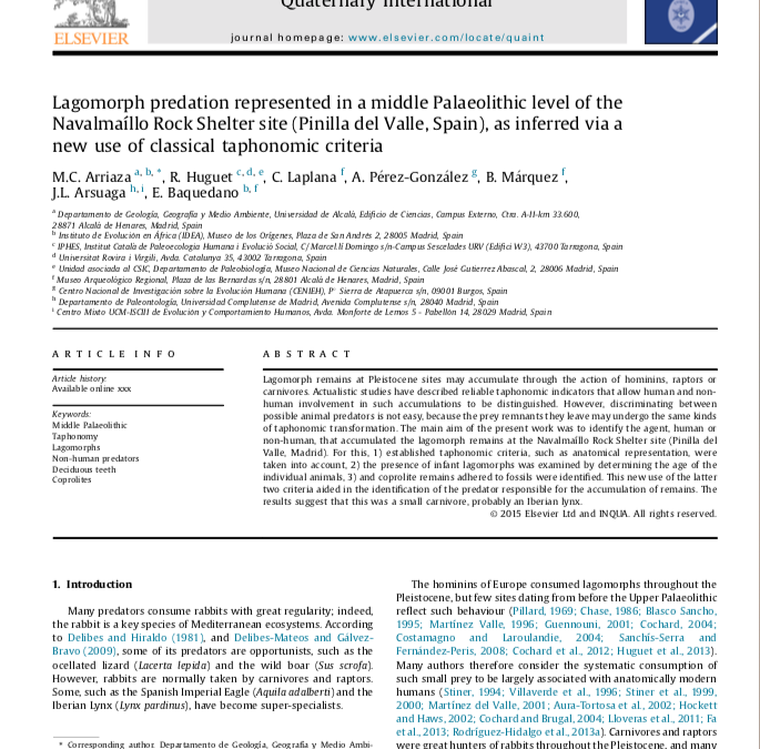 Lagomorph predation represented in a middle Palaeolithic level of the Navalmaíllo Rock Shelter site (Pinilla del Valle, Spain), as inferred via a new use of classical taphonomic criteria.