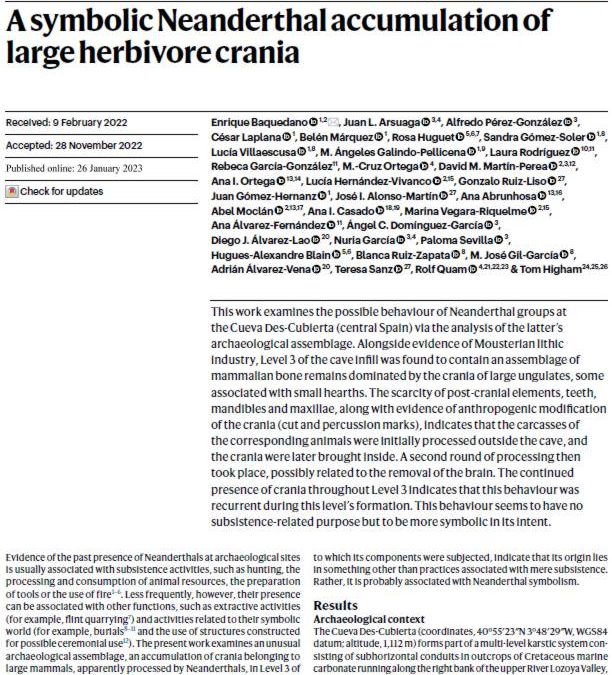 A symbolic Neanderthal accumulation of large herbivore crania. Nature Human Behaviour