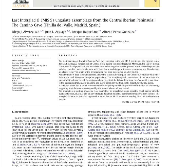 Last Interglacial (MIS 5) ungulate assemblage from the Central Iberian Peninsula: The Camino Cave (Pinilla del Valle, Madrid, Spain), Palaeogeography, Palaeoclimatology, Palaeoecology 374: 327–337.